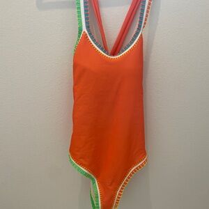 Women’s PQ platinum crochet trim Orange One-Piece Swimsuit with Neon Trim m